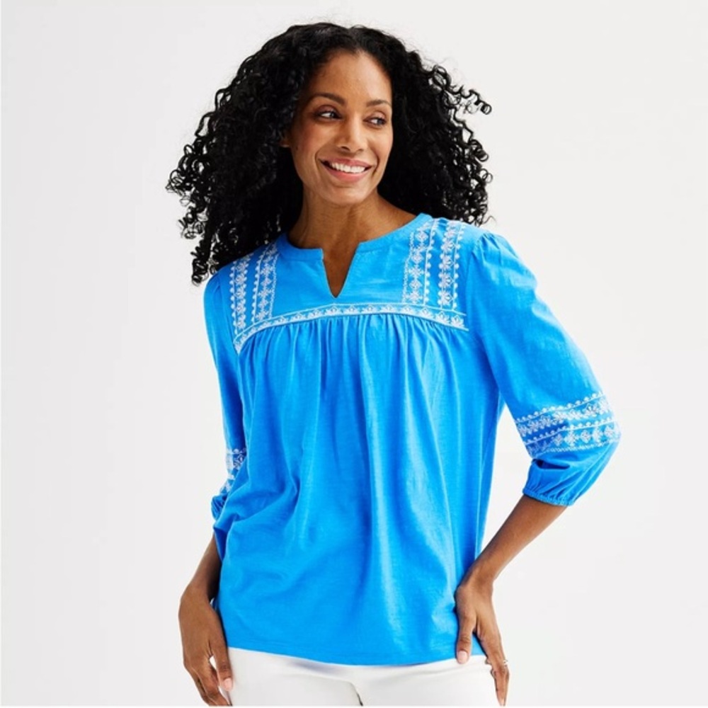 Brand New Women's Blue 3/4-Sleeve Embroidered Top, Size Large, NWT